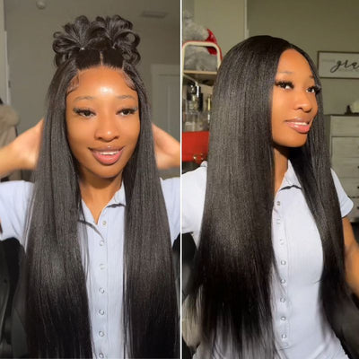 Geeta 13x4 Pre Everything Yaki Straight Lace Frontal Put On And Go Invisi Drawstring Human Hair Wig _model