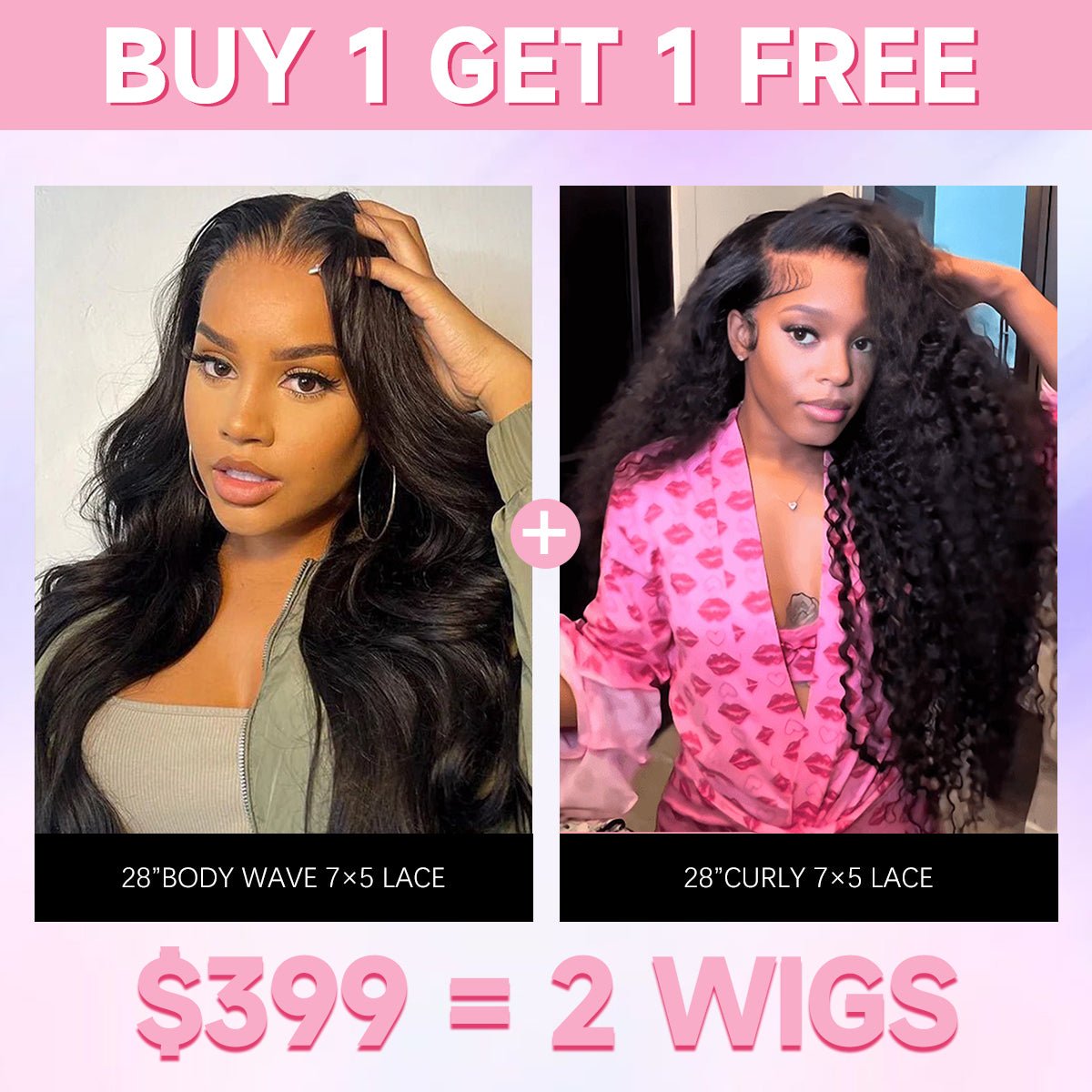 $399 = 2 Wigs | 28” Body Wave + 28” Curly Wig 180% Density