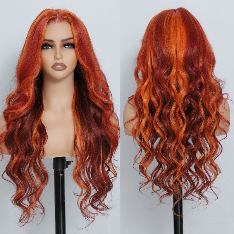 Highlight Red Ginger Body Wave Human Hair Wigs 180% HD Lace Frontal Wig Pre Plucked Glueless Wavy Lace Wigs For Women - GeetaHair