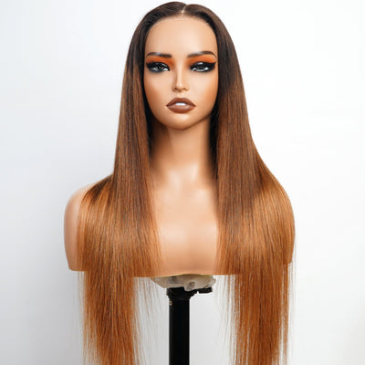 Long Straight Brown Ombre Blonde Wigs With Black Roots Human hair Wigs For Women And Girls - GeetaHair