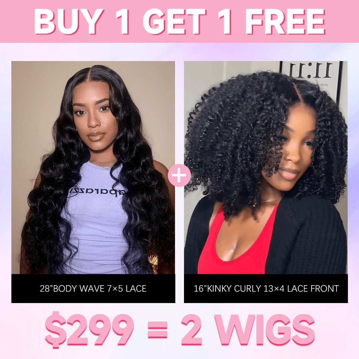 $299 = 2 Wigs | 28” Body Wave + 16” Kinky Curly Wig 250% Density