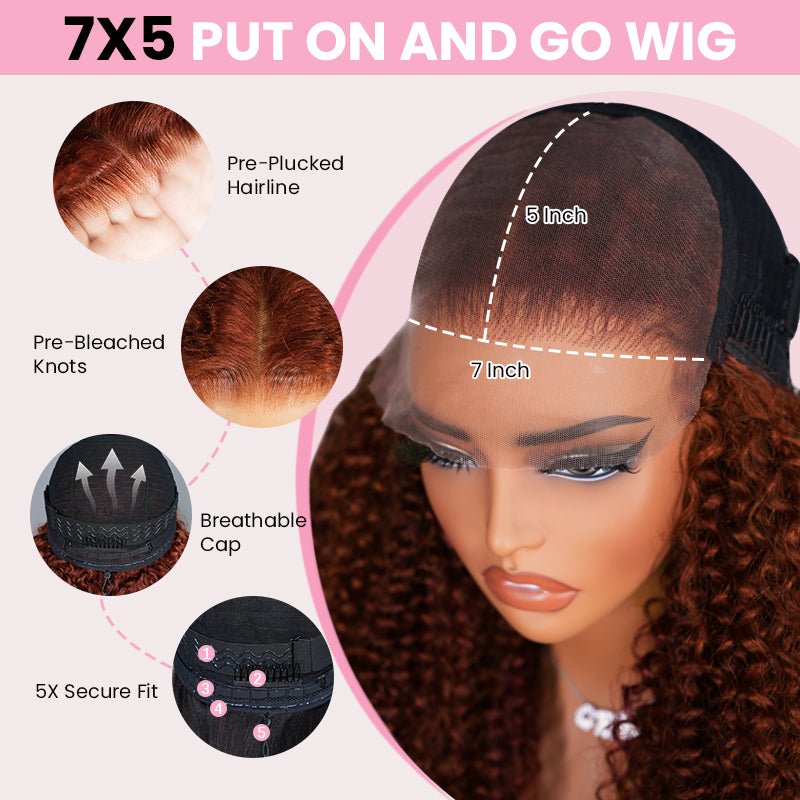 Reddish Brown 7x5 Lace Frontal Glueless Kinky Curly Invisi Drawstring Put On And Go Colored Wig - GeetaHair