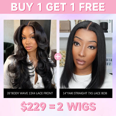 $229 Get 2 Wigs | Geeta Bogo Sale 26” Body Wave + 14” Yaki Straight Bob 180% Density Flash Sale - GeetaHair