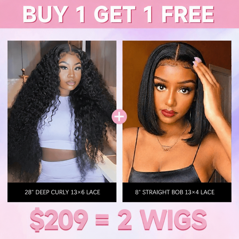$209 = 2 Wigs | 28” Deep Curly + 8” Straight Bob Wig 13×4 Lace