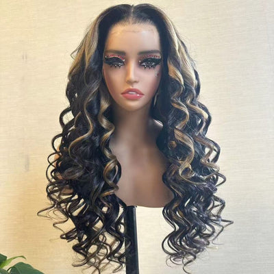 Higligh Blonde Glueless Wigs 13x4 Loose Body Wave Lace Front Curtain Bangs Human Hair Wigs 250% Density - GeetaHair
