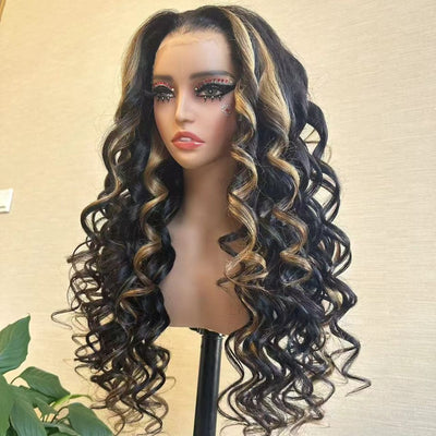 Higligh Blonde Glueless Wigs 13x4 Loose Body Wave Lace Front Curtain Bangs Human Hair Wigs 250% Density - GeetaHair