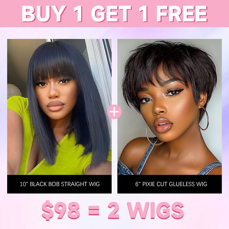 $98=2 Wigs | Geeta 10 Inch Blace Bob Straight Wig With Bangs and Pixie Cut Glueless Wig Bogo Sale - GeetaHair