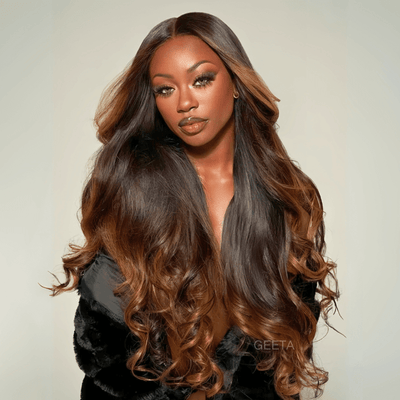 Geeta 7x5 Glueless Lace Body Wave Wig Chestnut Brown Ombre Highlight Color Invisi Drawstring Put on and Go Wig - GeetaHair
