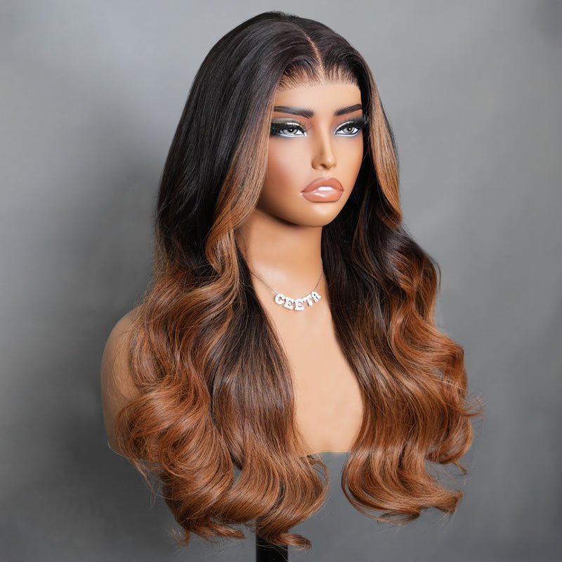 Geeta 7x5 Glueless Lace Body Wave Wig Chestnut Brown Ombre Highlight Color Invisi Drawstring Put on and Go Wig - GeetaHair
