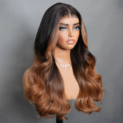 Geeta 7x5 Glueless Lace Body Wave Wig Chestnut Brown Ombre Highlight Color Invisi Drawstring Put on and Go Wig - GeetaHair