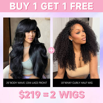 $219 Get 2 Wigs | Geeta Bogo Sale 26” Body Wave + 18” Kinky Curly Half Wig 180% Density Flash Sale - GeetaHair