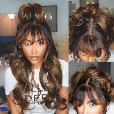 Geeta Balayage Brown Highlight 3D Body Wave 13x4 Lace Front Invisi Drawstring Put On and Go Glueless Lace Wig - GeetaHair