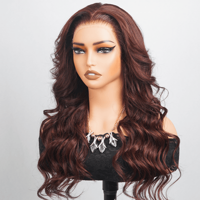 Luxury Designer Series Reddish Brown Loose Wave 13x4 Lace Front Wig 250% Density Human Hair Colored Wig Fashionable Wavy Hairstyle for All Occasions - GEETA HAIR - GeetaHair