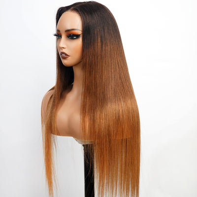 Long Straight Brown Ombre Blonde Wigs With Black Roots Human hair Wigs For Women And Girls - GeetaHair