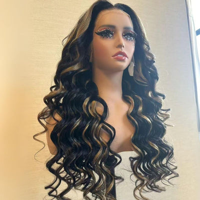 Higligh Blonde Glueless Wigs 13x4 Loose Body Wave Lace Front Curtain Bangs Human Hair Wigs 250% Density - GeetaHair