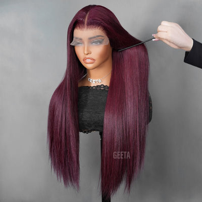 Geeta Straight 7x5 Lace Glueless Wig Burgundy Cherry 99J Color Invisi Drawstring Human Hair Wigs - GeetaHair
