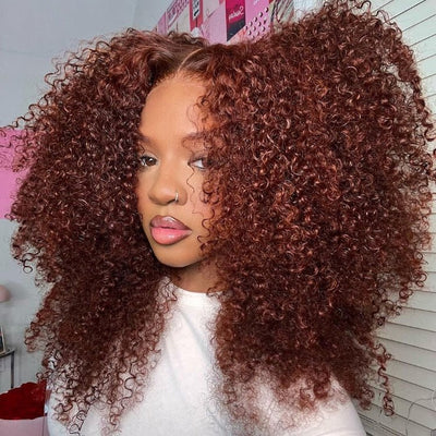 Geeta Reddish Brown 13x4 Lace Frontal Glueless Kinky Curly Invisi Drawstring Put On And Go Colored Wig - GeetaHair