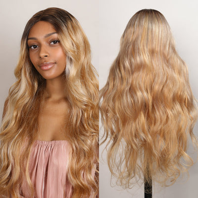 Highlight Blonde With Black Root Colored Wig 13X4 Lace Front Wig Human Hair Transparent Wig Pre Plucked Daily Deal - GeetaHair