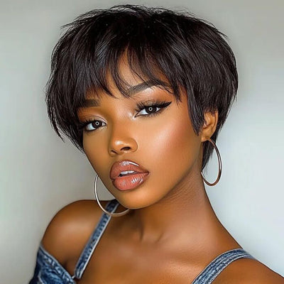 $98=2 Wigs | Geeta 10 Inch Blace Bob Straight Wig With Bangs and Pixie Cut Glueless Wig Bogo Sale - GeetaHair