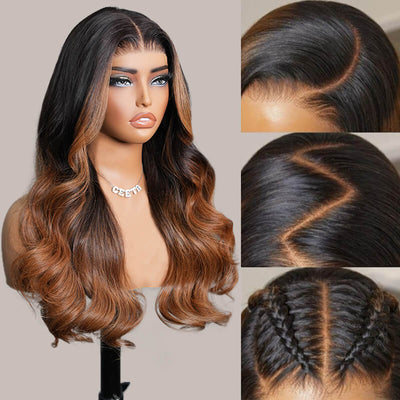 Geeta 7x5 Glueless Lace Body Wave Wig Chestnut Brown Ombre Highlight Color Invisi Drawstring Put on and Go Wig - GeetaHair