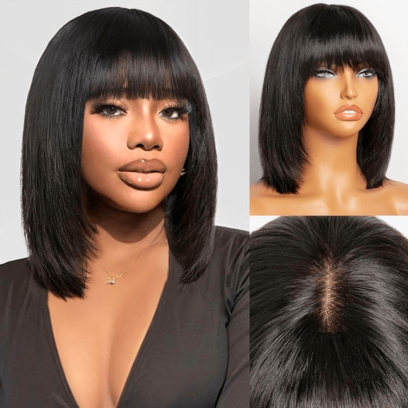 Geeta Yaki Straight Short Bob Wig With Bangs 2x4 Lace Part Glueless Put On And Go Wig Flash Sale - GeetaHair