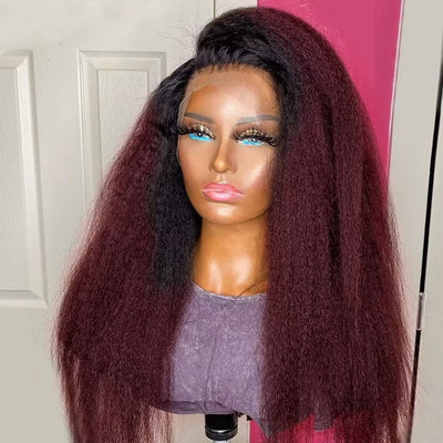 Kinky Straight 1B 99J Burgundy Colored Human Hair For Black Women Yaki Straight Wig HD Transparent Lace Front Wig Pre Plucked - GeetaHair