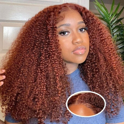 Geeta Reddish Brown 13x4 Lace Frontal Glueless Kinky Curly Invisi Drawstring Put On And Go Colored Wig - GeetaHair
