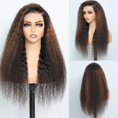 Pre Bleached Knots Highlight Brown Kinky Cirly Wig Ombre 13x4 Lace Front Human Hair Wigs - GeetaHair