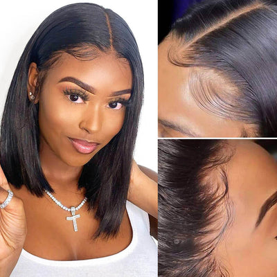 Short Straight HD Lace Bob Wig Natural Black Pre Plucked With Baby Hair Human Hair Wig
