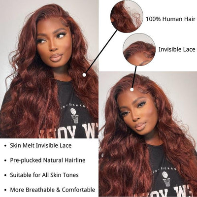 13x4 Reddish Brown HD Lace Front Human Hair Wigs Auburn Body Wave Transparent Lace Wig - Geeta Hair