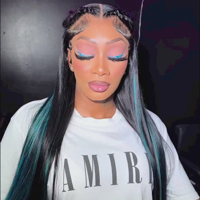 Funky Colored Wigs | Highlight Bluish Green Straight HD Transparent Lace Wig Moeny Piece Colored Natural Hairline Human Hair Wigs-Geeta Hair