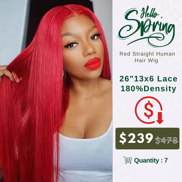 Crazy Flash Sale: 13x6 Lace Front 180% Density Red Straight Human Hair Wig - Only 2 Days