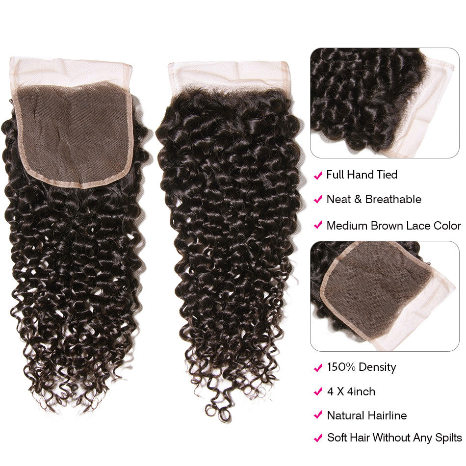 GeetaHair Curly Hair 4 Bundles with 4x4 Lace Closure 100% Unprocessed Human Hair