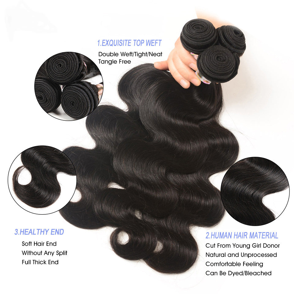 GeetaHair Body Wave Hair 3 Bundles With 4x4 Lace Closure Unprocessed Human Virgin Hair