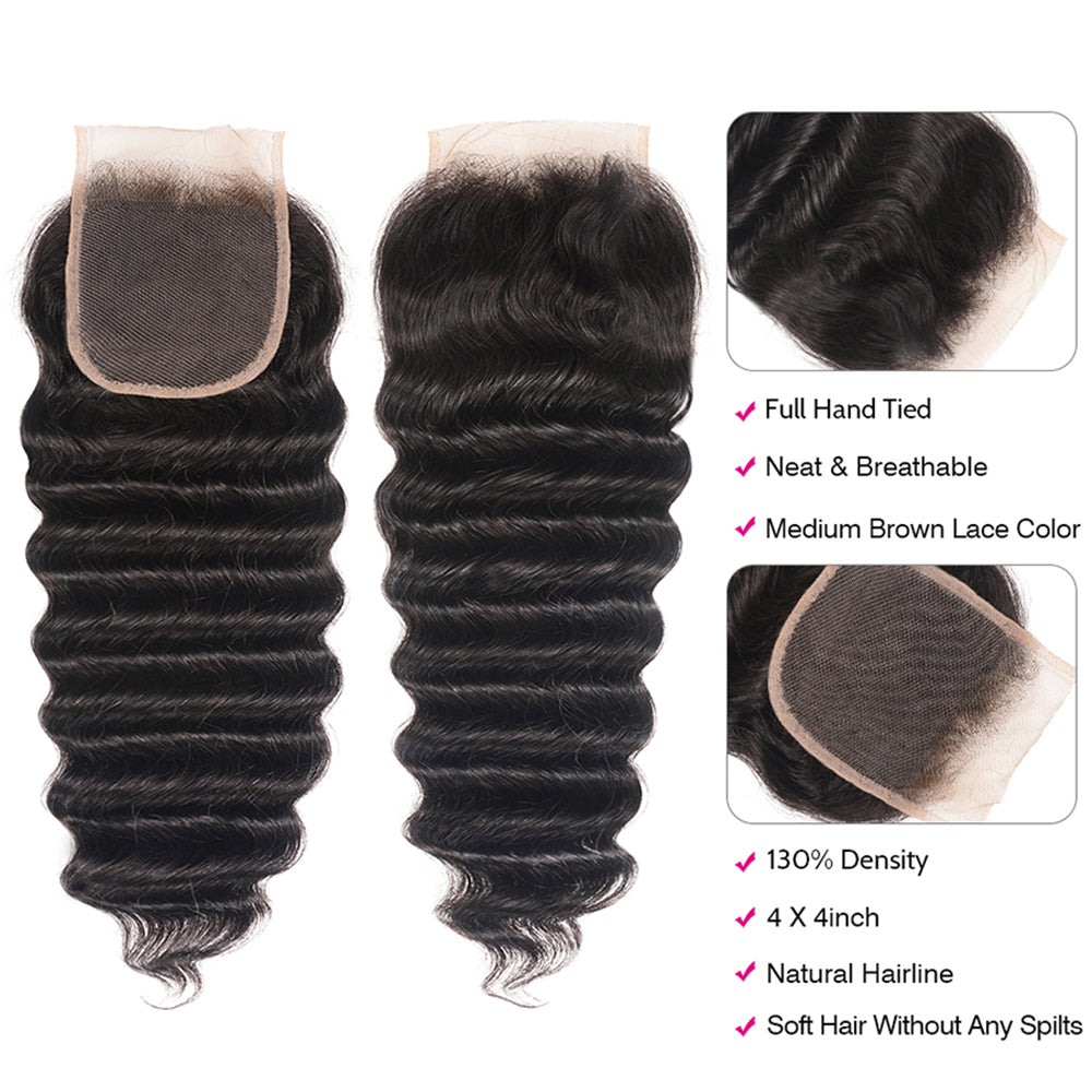 Geetahair Loose Deep Wave Hair 4 Bundles With 4x4 Lace Closure Virgin Human Hair