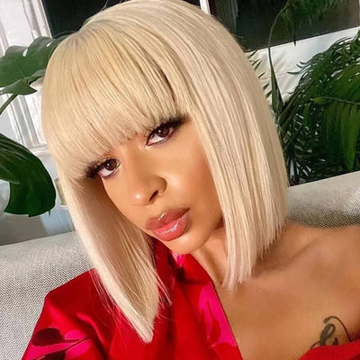 Natural Straight Hair 613 Blonde Bob Wig With Bangs 100% Human Hair Wig - Geeta Hair - GeetaHair