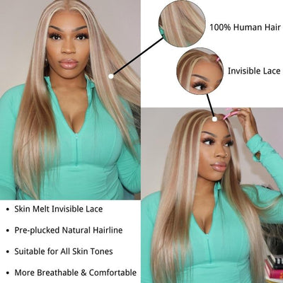 Straight Balayage HD Lace Front Wig Ash Blonde Colored Human Hair Wigs With Highlights