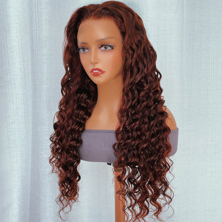 Reddish Brown Deep Wave Tranparent Lace Front Wig Auburn Deep Hairline HD Clear Lace Human Hair Wigs