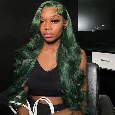 Dark Green Body Wave HD Transparent Lace Wig Blackish Green Pre Plucked Human Hair Wigs