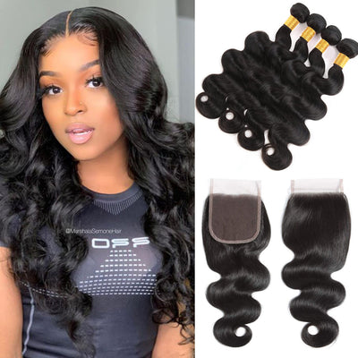 GeetaHair 4 Bundles With 4x4 Lace Closure Body Wave 100% Unprocessed Human Hair