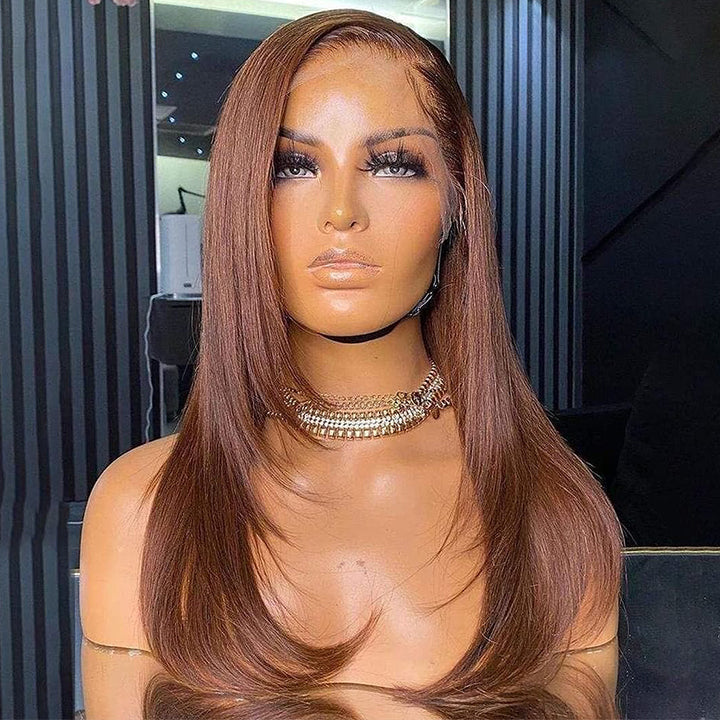 Brown Layered Straight Lace Frontal Wig 13x4 HD Lace Dark Brown Butterfly Haircut Human Hair Wigs