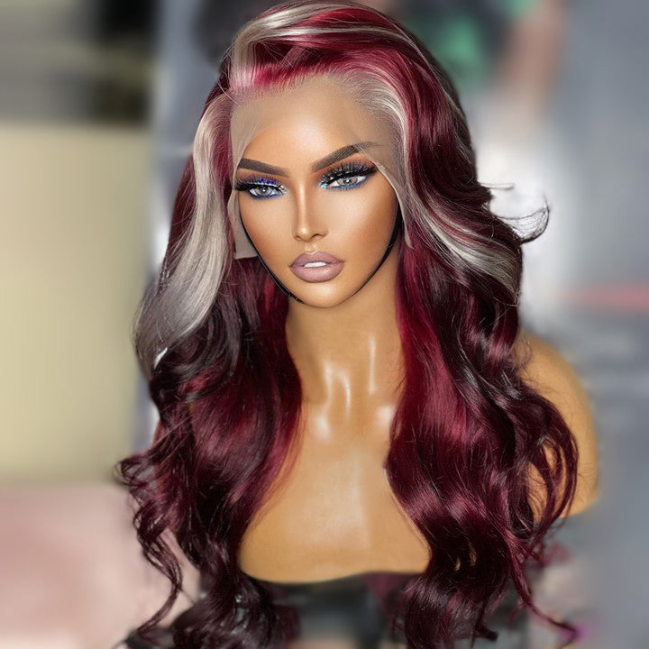 Geeta 13x4/4x4 Burgundy Hair HD Lace Wig With Blonde Highlights Skunk Stripe Body Wave Human Hair Lace Front Wigs