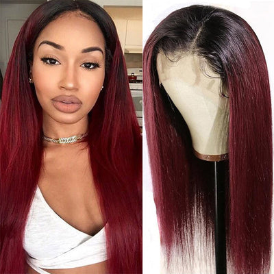 Burgundy Straight Glueless HD Lace Front Wig with Black Roots 99j Colored Long Human Hair Wigs