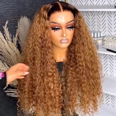 Caramel Brown Water Wave/Wand Curly Lace Front Wig With Dark Root Ombre Color HD Lace Human Hair Wigs for Women-GeetaHair