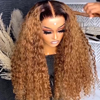 Caramel Brown Water Wave/Wand Curly Lace Front Wig With Dark Root Ombre Color HD Lace Human Hair Wigs for Women-GeetaHair