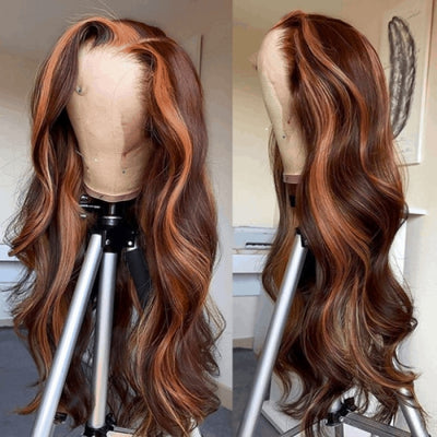 Dark Brown Highlight Body Wave HD Transparent Lace Front Wig Copper Color Face Frame Highlights Human Hair Wigs