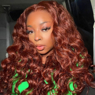 Reddish Brown Body Wave Undetectable HD Lace Front Wig Dark Auburn Pre Plucked with Baby Hair Wigs