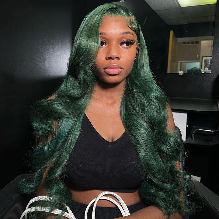 Dark Green Body Wave HD Transparent Lace Wig Blackish Green Pre Plucked Human Hair Wigs