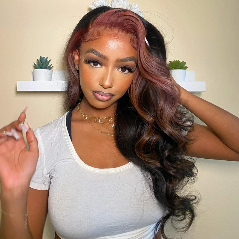 Dry Rose Highlight Ombre Color Wig 13x4 Transparent Lace Frontal Body Wave Hair Pre Plucked With Baby Hair-Geetahair