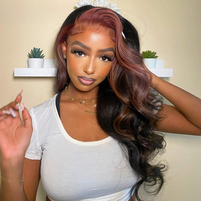 Dry Rose Highlight Ombre Color Wig 13x4 Transparent Lace Frontal Body Wave Hair Pre Plucked With Baby Hair-Geetahair